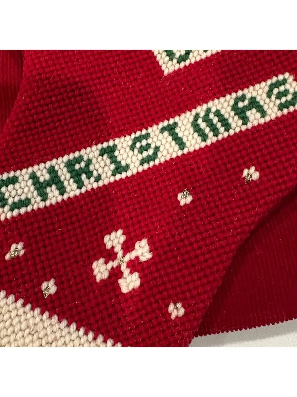 The Spirit of Christmas Red Joy Stocking for Kathy.  Cross Stitched Design Vtg